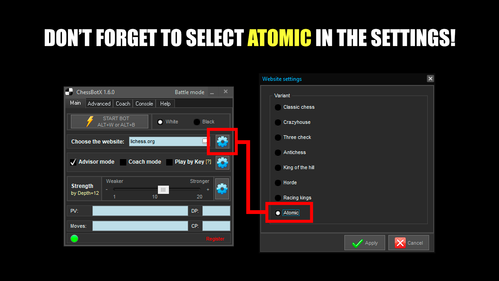 settings for atomic chess